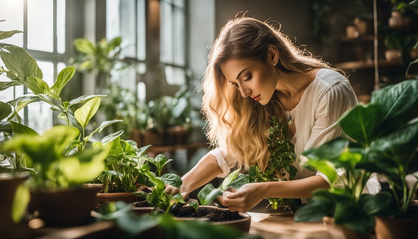 A woman tenderly waters a thriving Syngonium Butterfly plant in a well-lit indoor space.