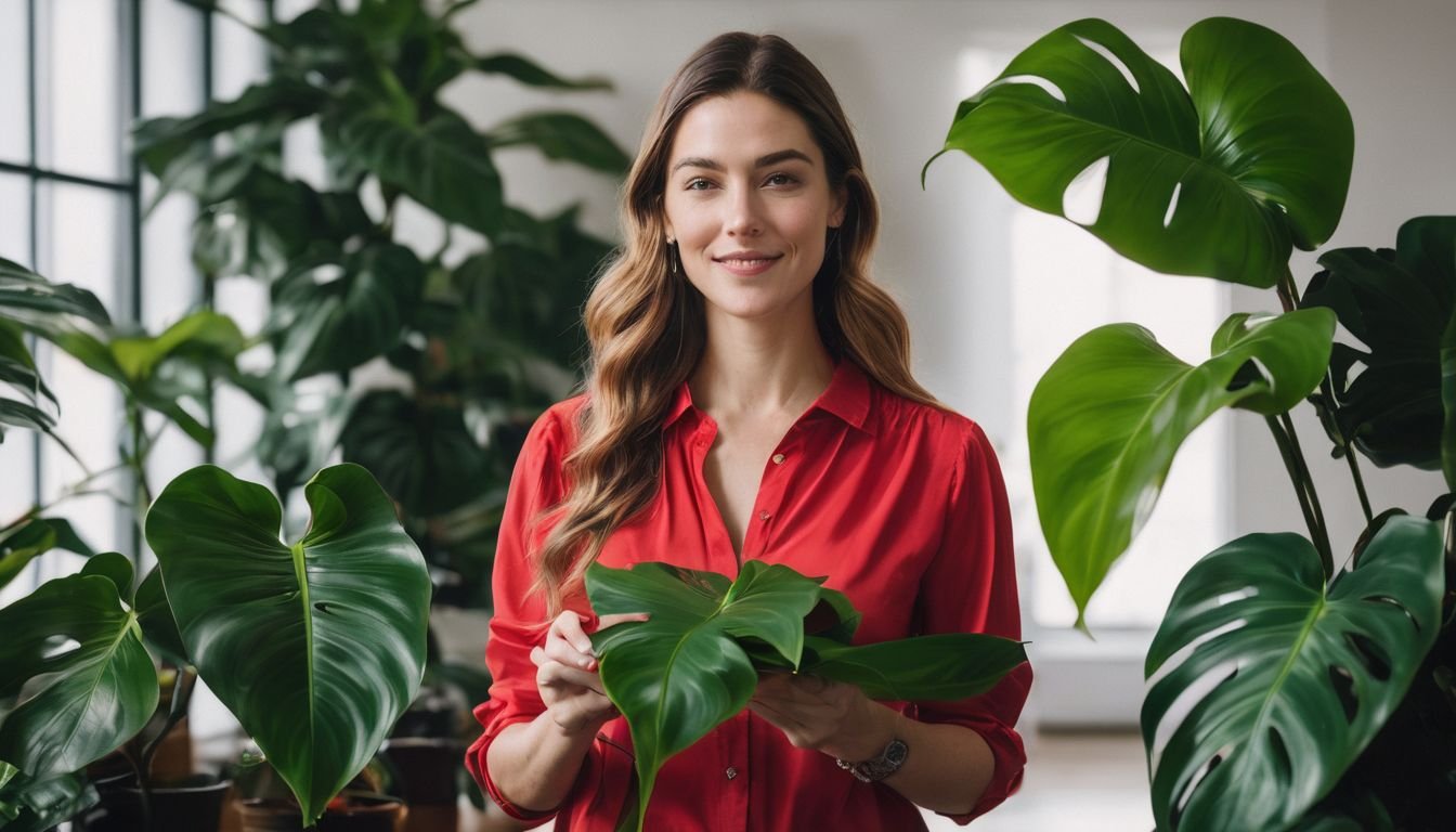 A person caring for their Philodendron Imperial Red in a vibrant indoor space.