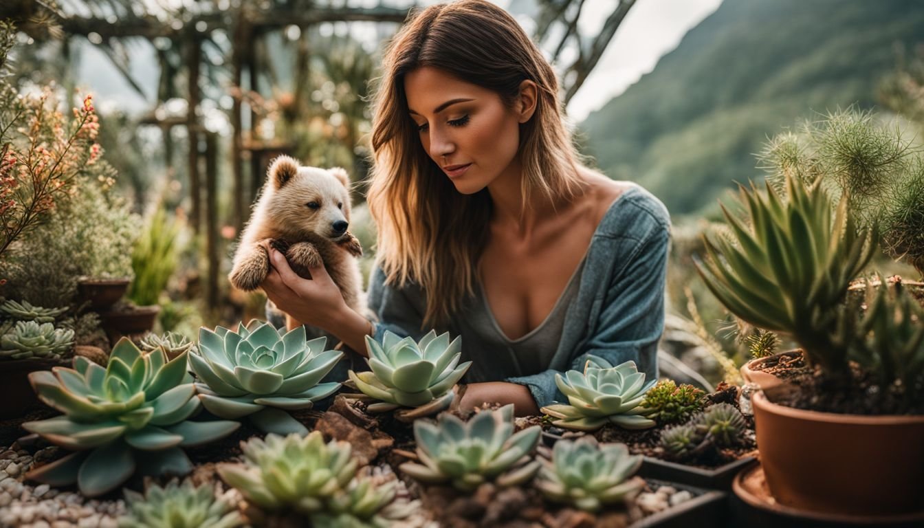 A woman taking care of her Bear's Paw succulent garden amongst lush greenery.