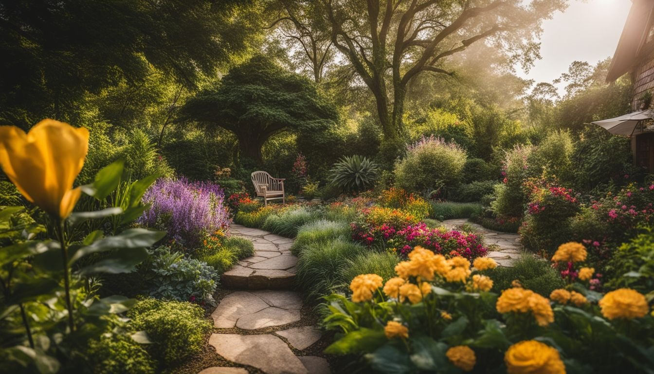 A beautiful garden with diverse people and vibrant flowers.