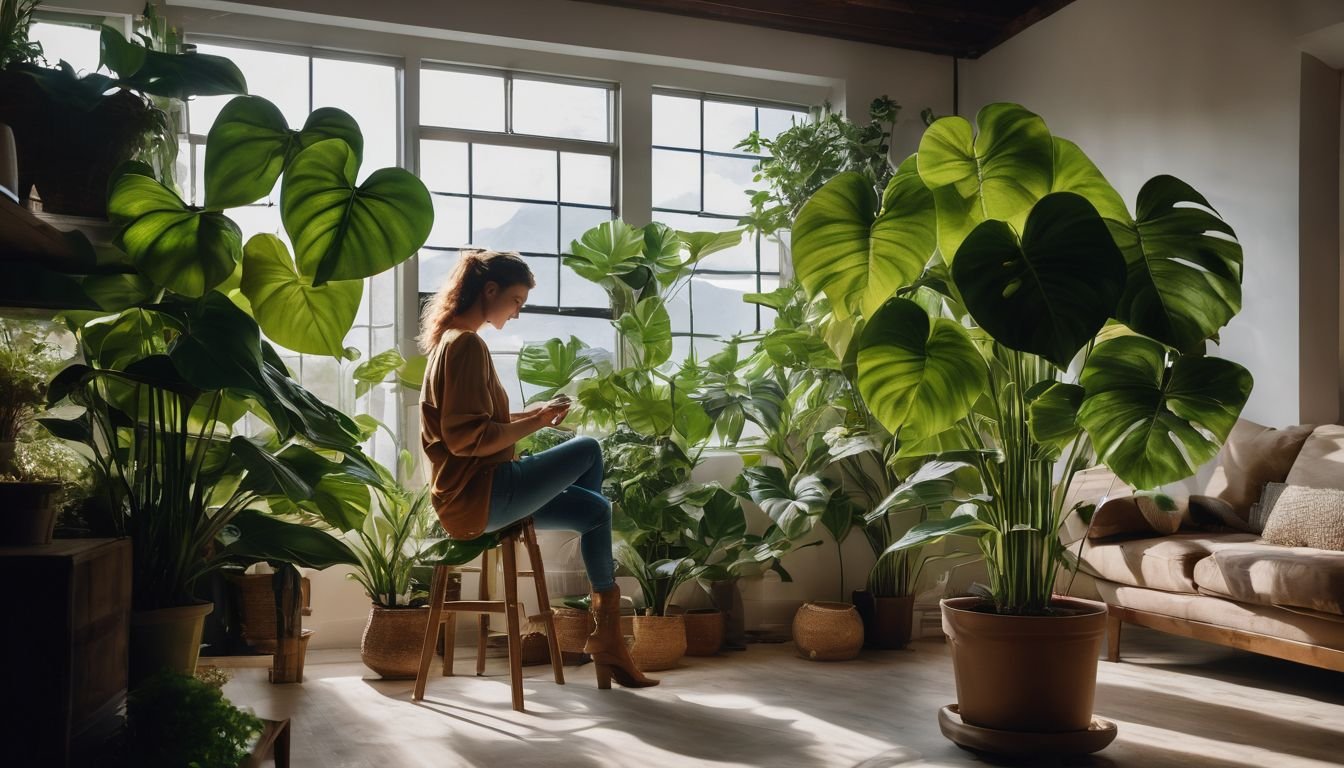 A person watering a Heart Leaf Philodendron in a bright indoor environment.