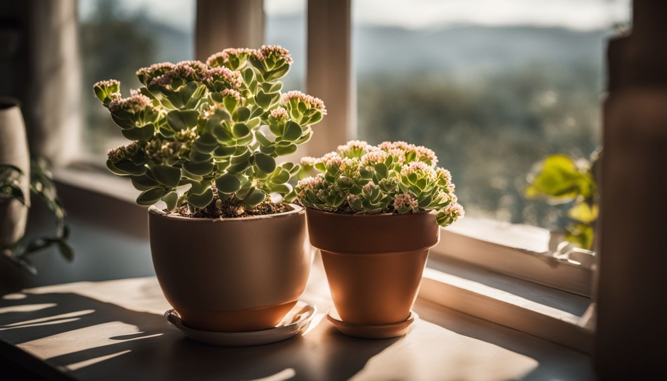 A potted Kalanchoe tomentosa on a sunlit windowsill with various people.