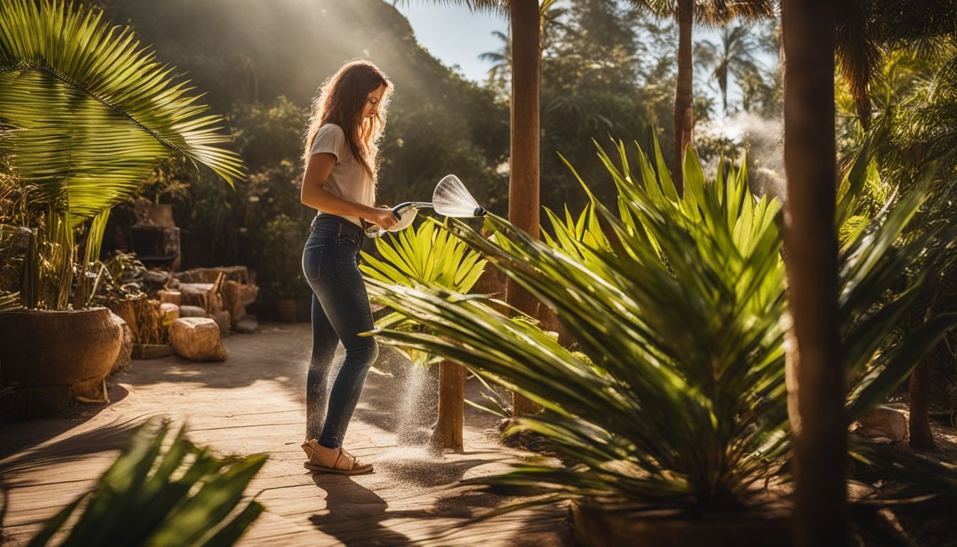 A person tending to a Madagascar Palm in a sunny garden.