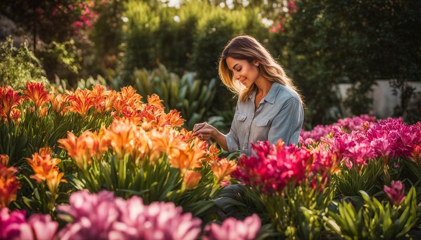 A gardener caring for Peruvian Lilies in a vibrant garden setting.
