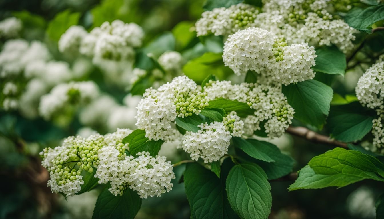 A close-up photo of white blooms on Viburnum Tinus in lush surroundings.