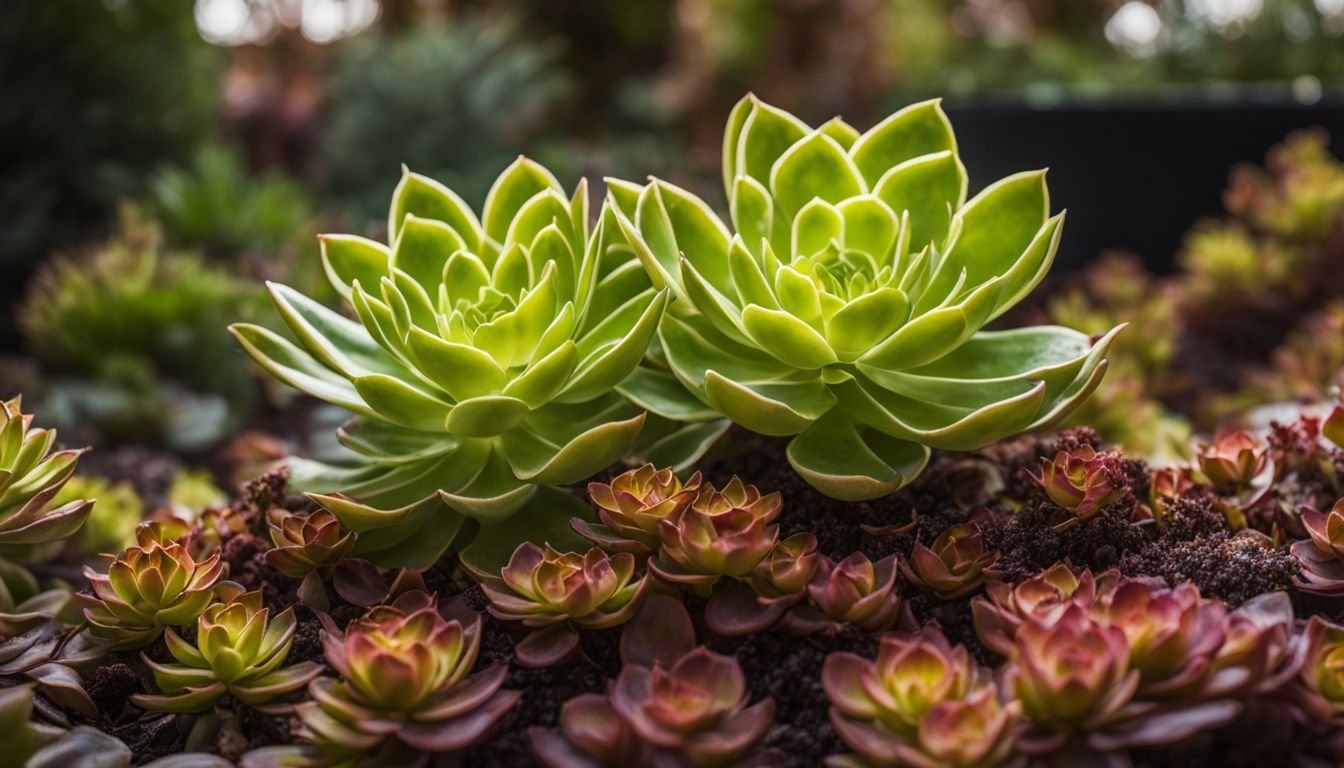 A vibrant Aeonium arboreum plant thriving in a well-drained garden.