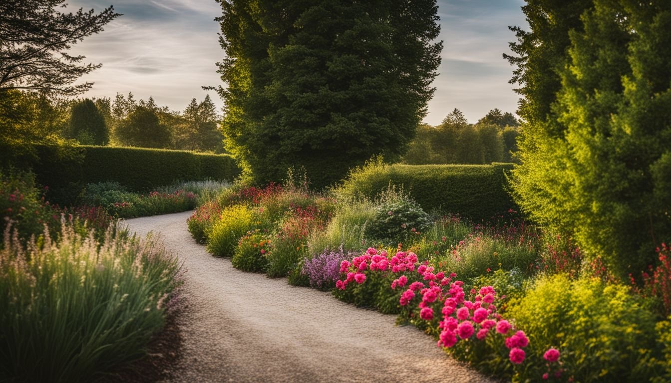 A garden path lined with freshly planted hedge bushes and vibrant flowers.