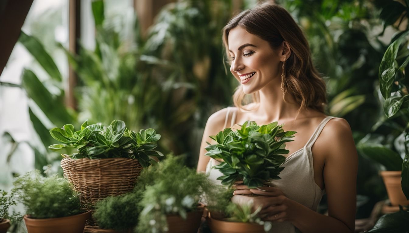 A woman happily holding indoor plants surrounded by lush greenery.