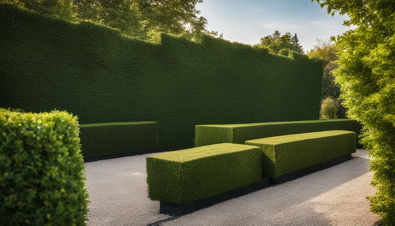 A variety of artificial hedges in a garden setting.