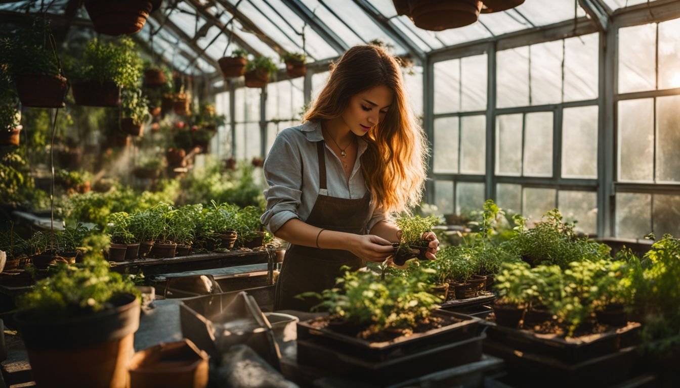 A pair of hands repotting a Ruby Necklace Plant in a sunlit greenhouse.