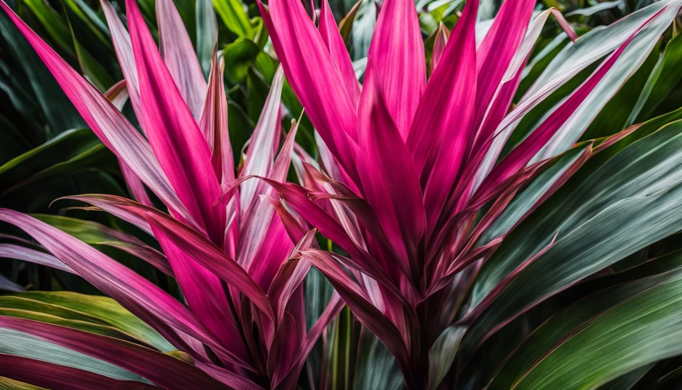 A vibrant Cordyline Electric Pink thrives in a colourful garden.