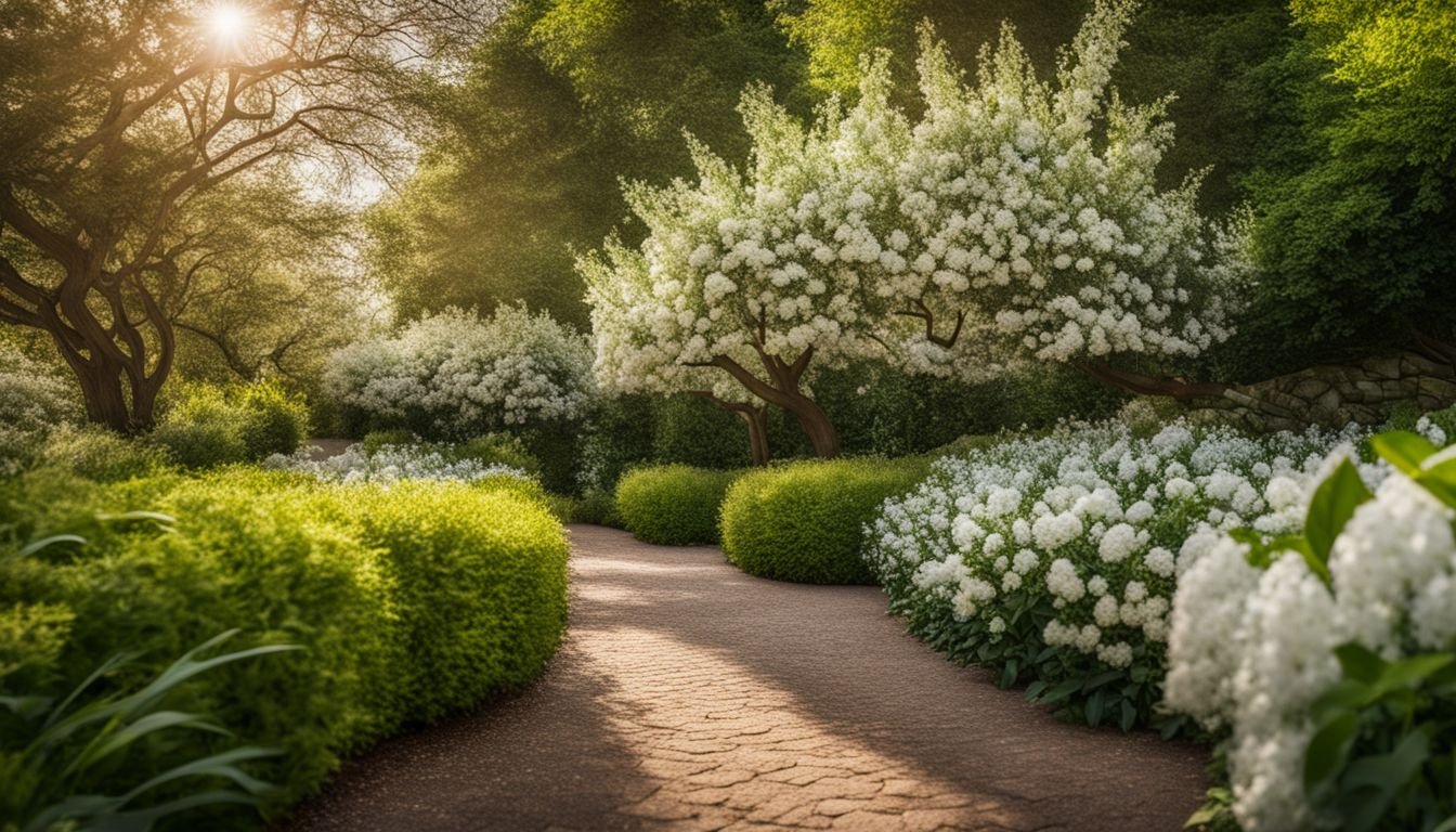 A photo of white flowering hedge plants along a vibrant garden path.