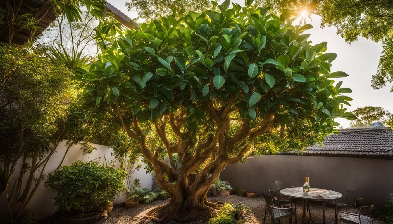 A Ficus Hillii Flash tree casting shade in a small backyard garden.