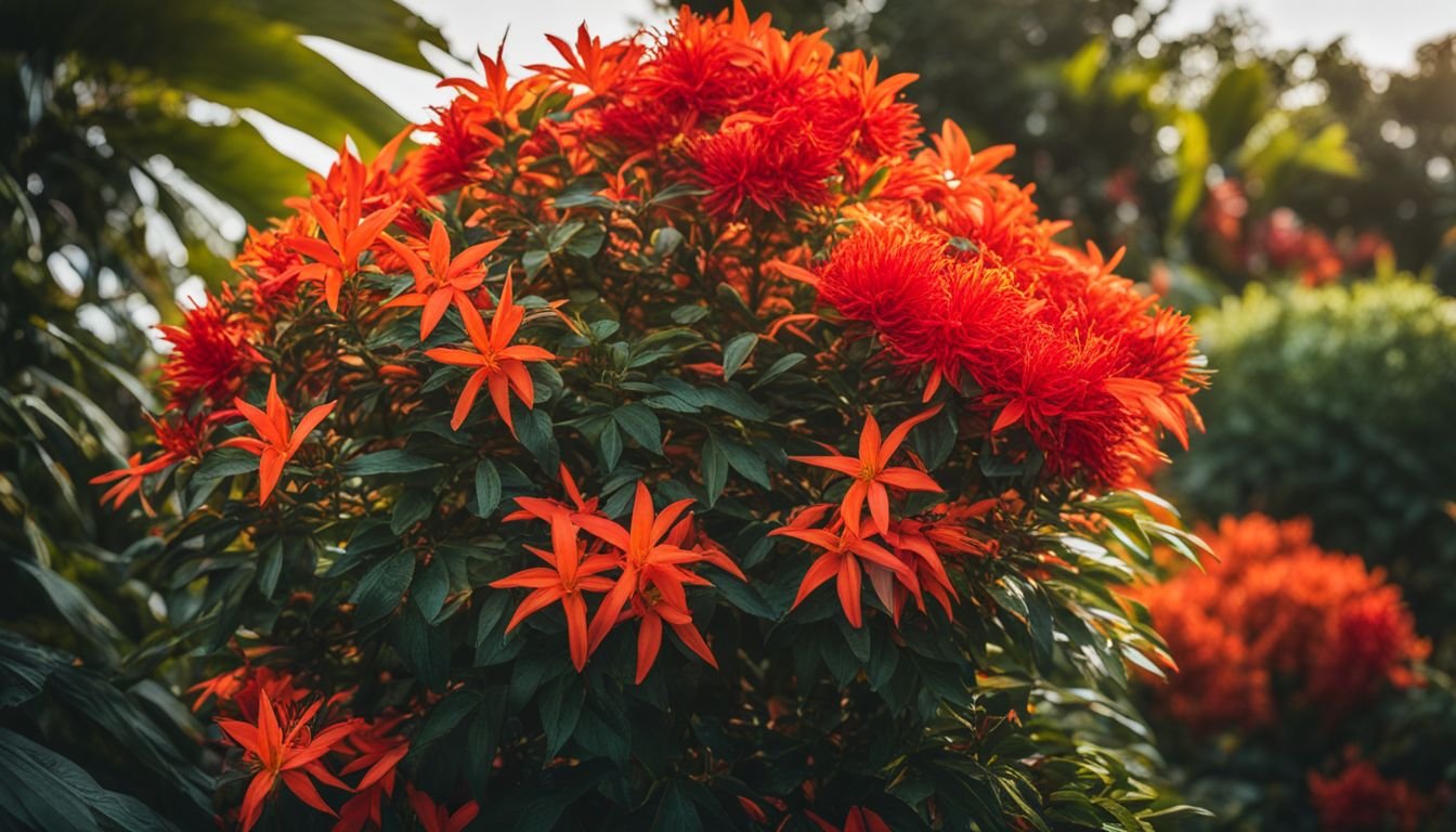 A photo of a vibrant Fiji Fire shrub with bright orange-red blooms in a garden.