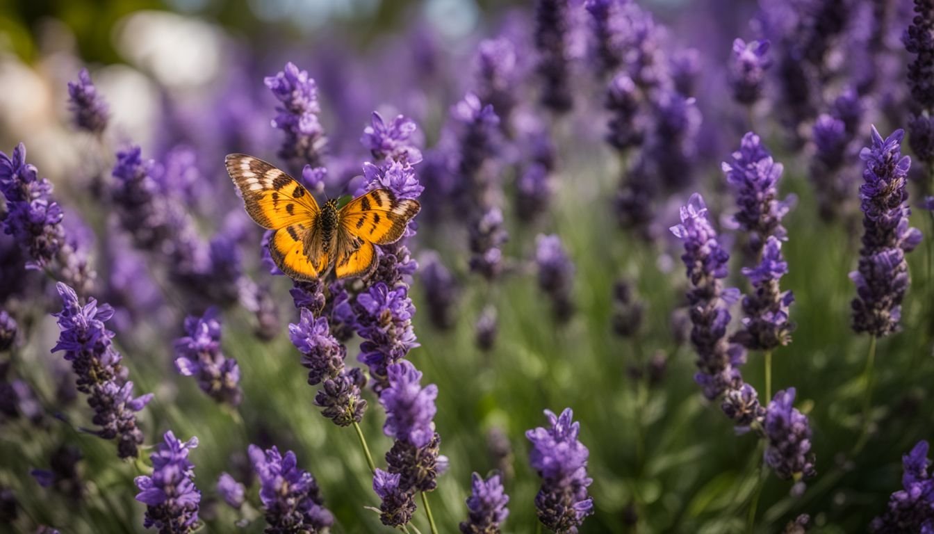 A French Lavender Sensation Rose bush surrounded by bees and butterflies.