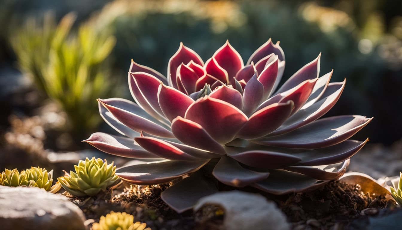 A well-maintained Echeveria 'Black Prince' in a sunlit garden.