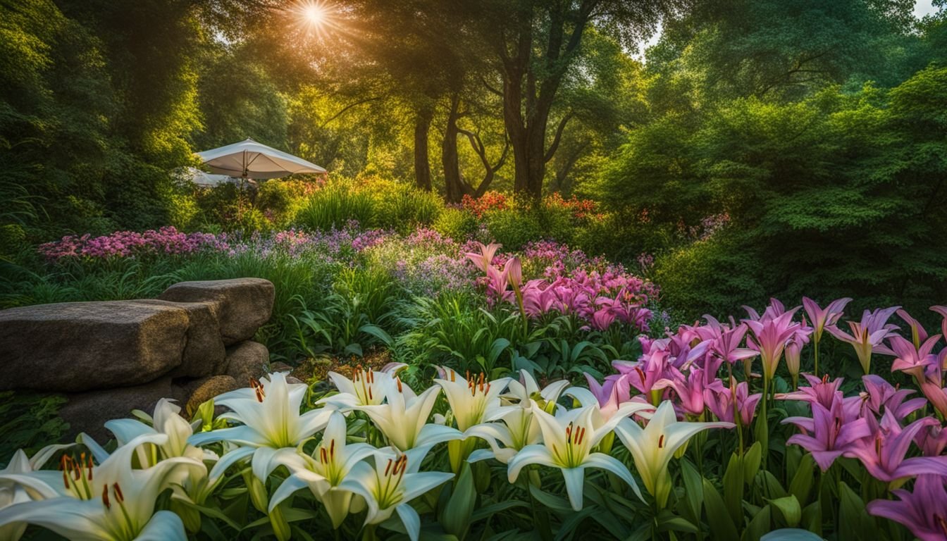 A vibrant garden with blooming carpet border lilies and colourful foliage.