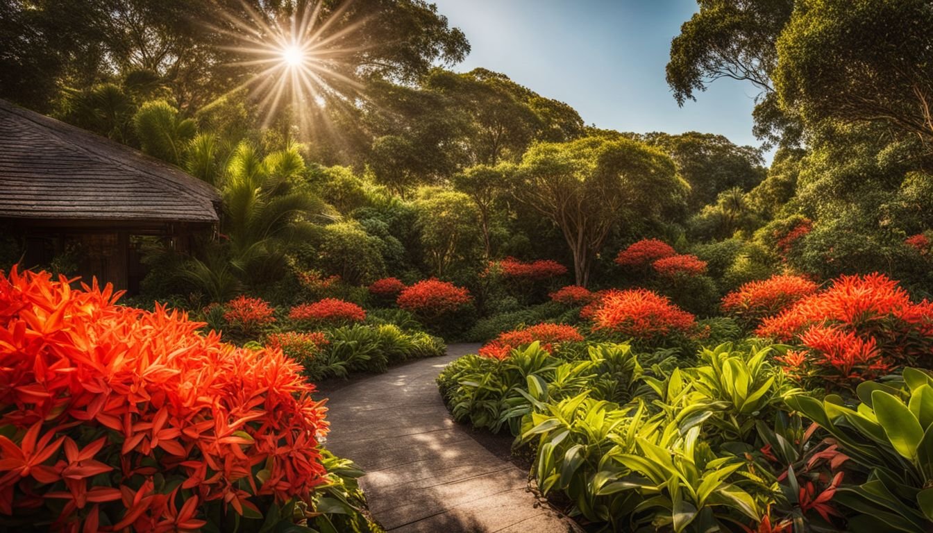 A vibrant garden with thriving Ixora Gold Fire plants under the Australian sun.