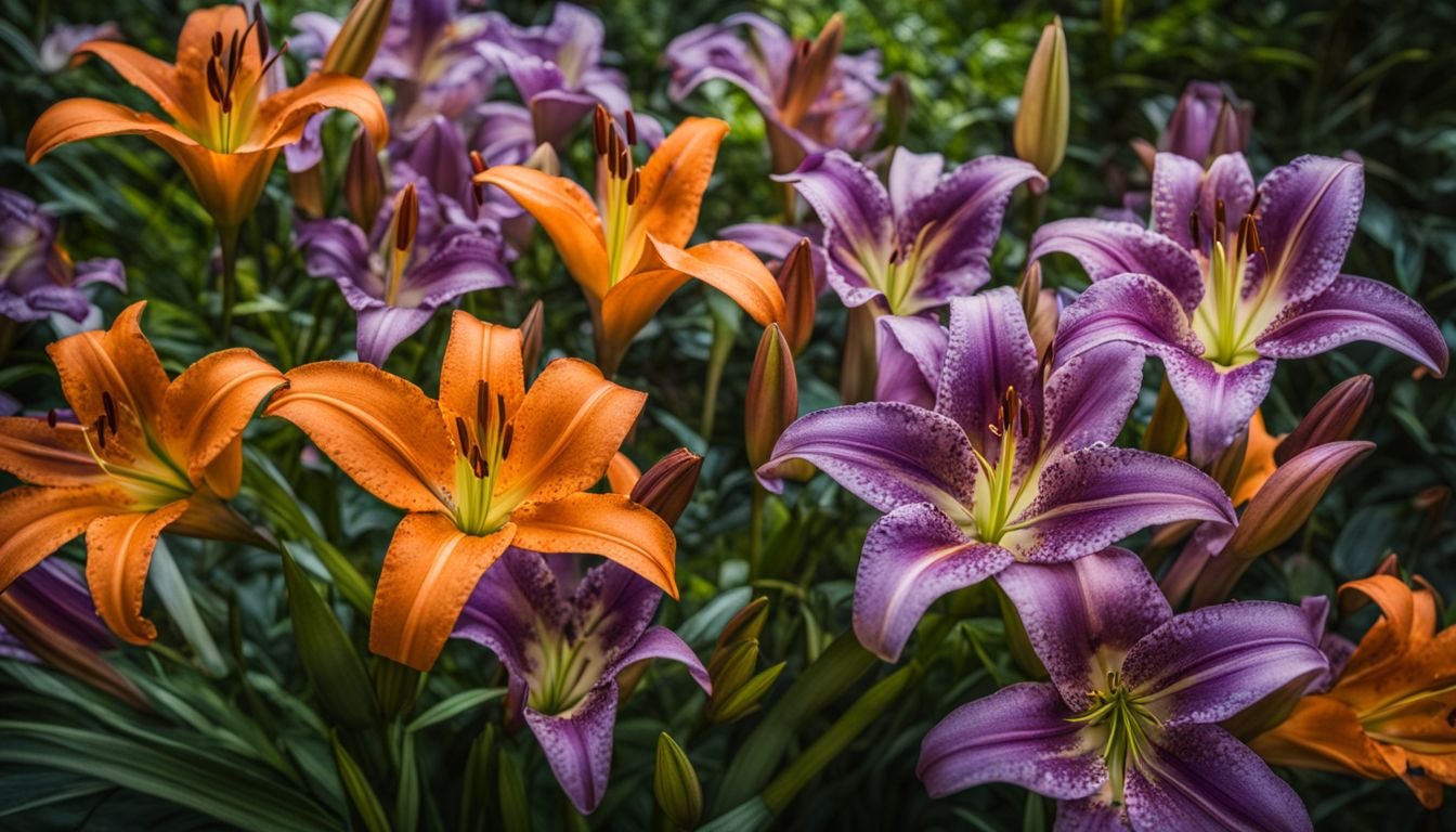 A vibrant cluster of lilies blooming in a garden captured with a high-quality camera.