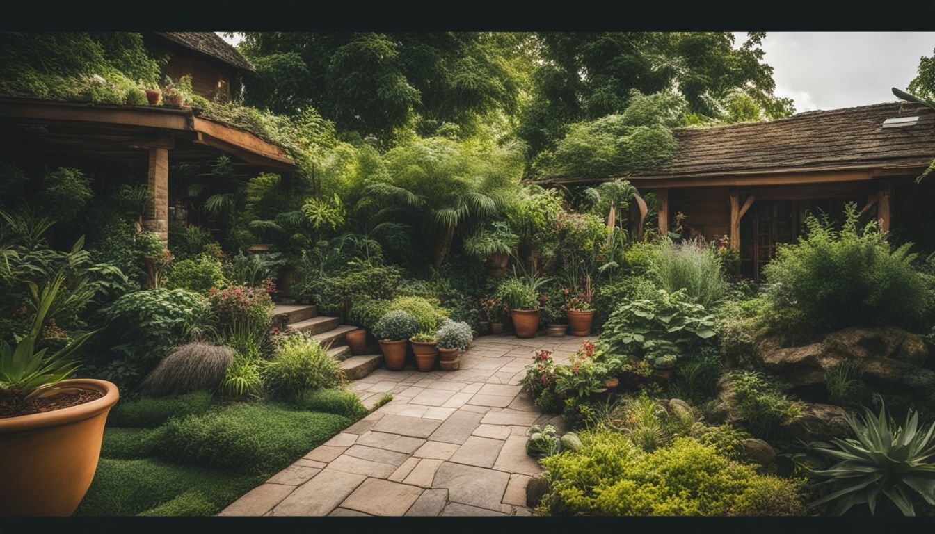 A vibrant garden with diverse plants and people enjoying nature.