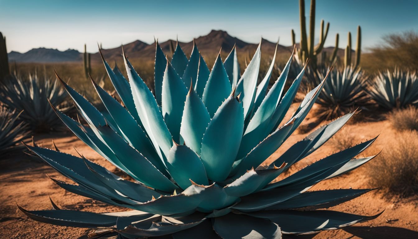 A thriving Agave Blue Glow plant in a desert-like environment.