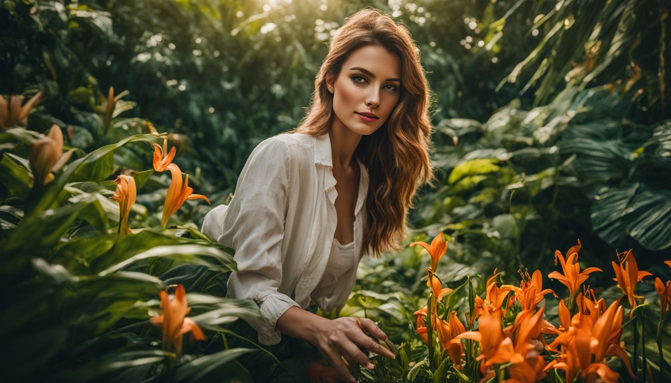 A woman tends to a garden of Tiger Lily flowers in a bustling atmosphere.