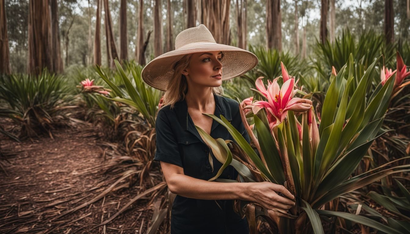 A person tends to Gymea lilies in a dry Australian forest.