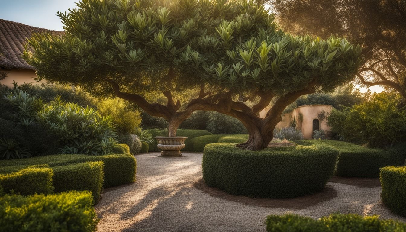 A Laurus Nobilis Bay Tree in a well-tended garden surrounded by Mediterranean plants.