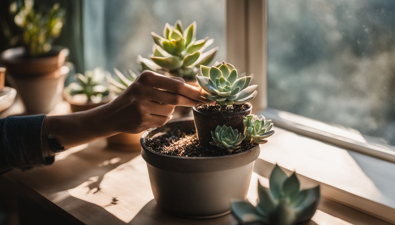 A person repotting a succulent on a sunny windowsill.