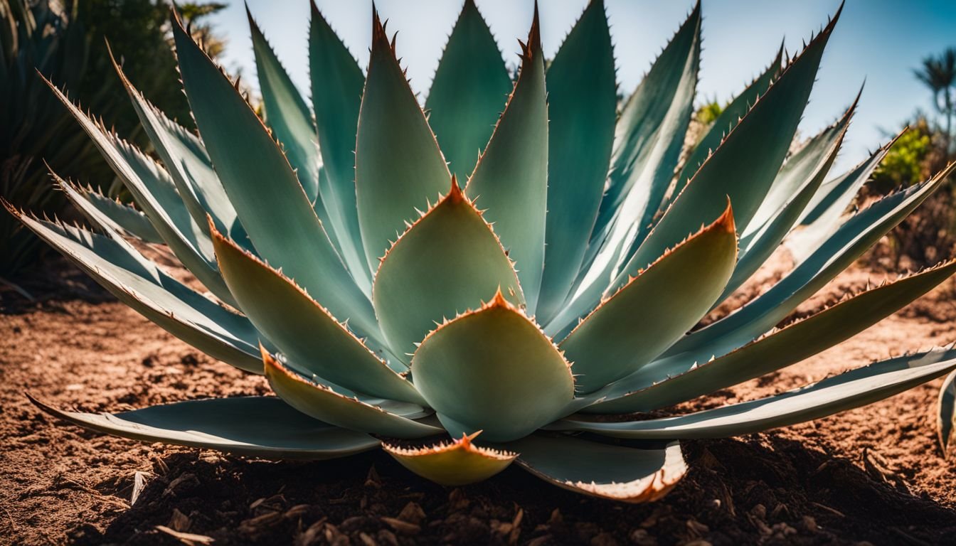 A vibrant agave plant in a sunny garden with diverse people.