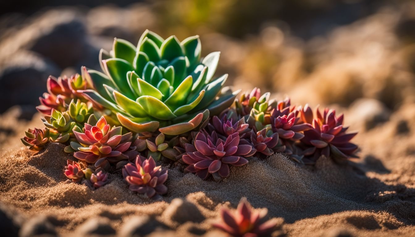 A cluster of Jelly Bean Succulents thriving in sandy soil.