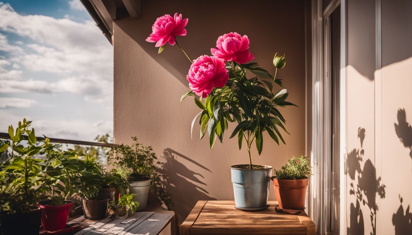 A vibrant potted peony plant on a sunny balcony surrounded by gardening tools.