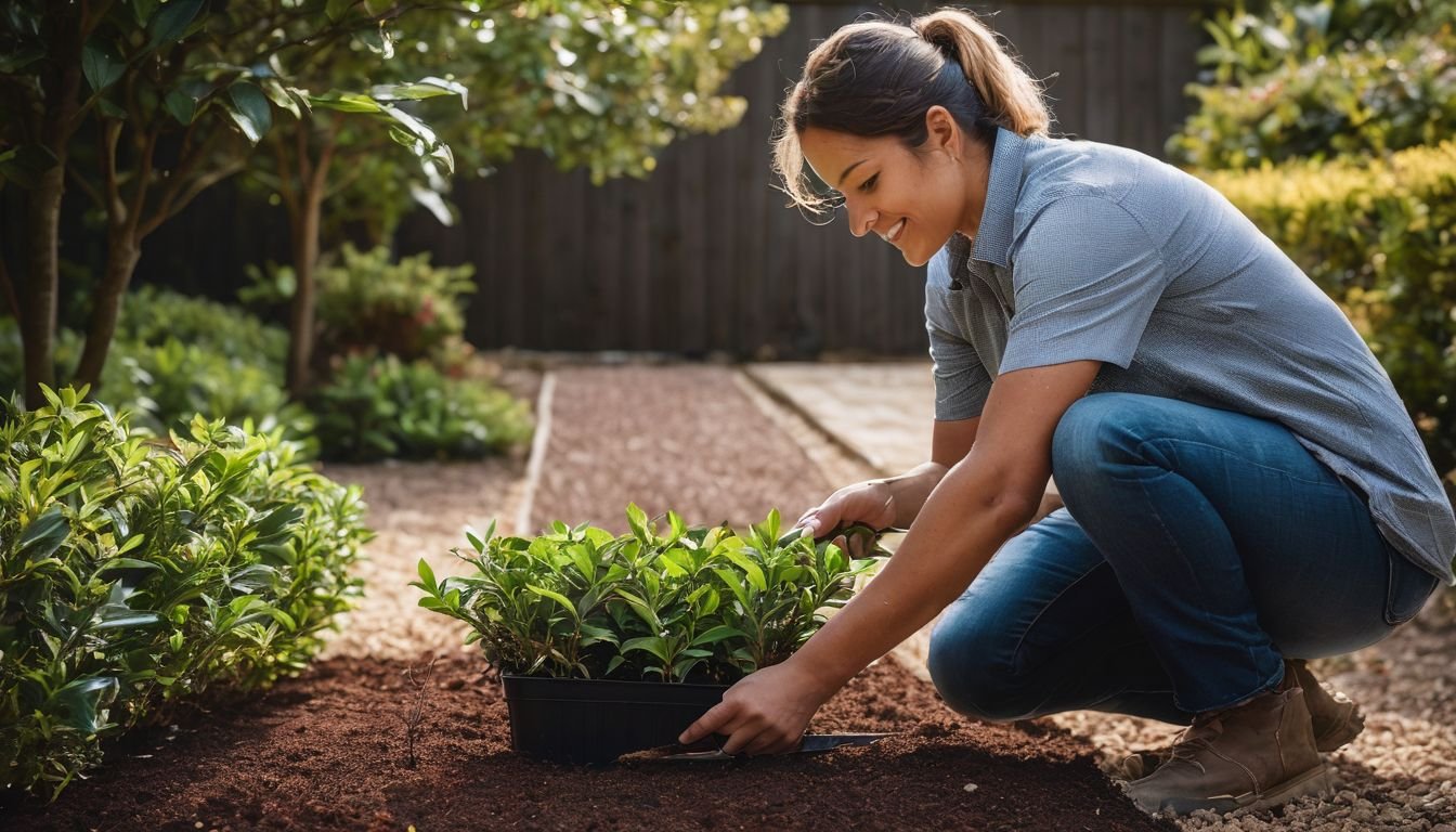 A person planting Photinia Robusta in a vibrant garden setting.