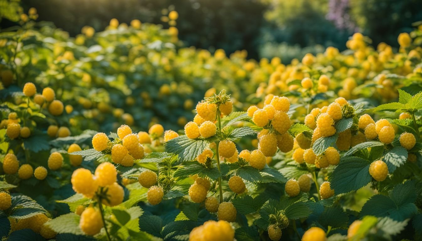 A photo of vibrant yellow raspberry plants in a well-tended garden.