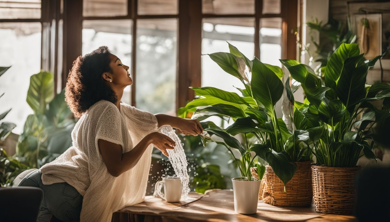 A woman gently waters a vibrant Peace Lily in a cozy home.