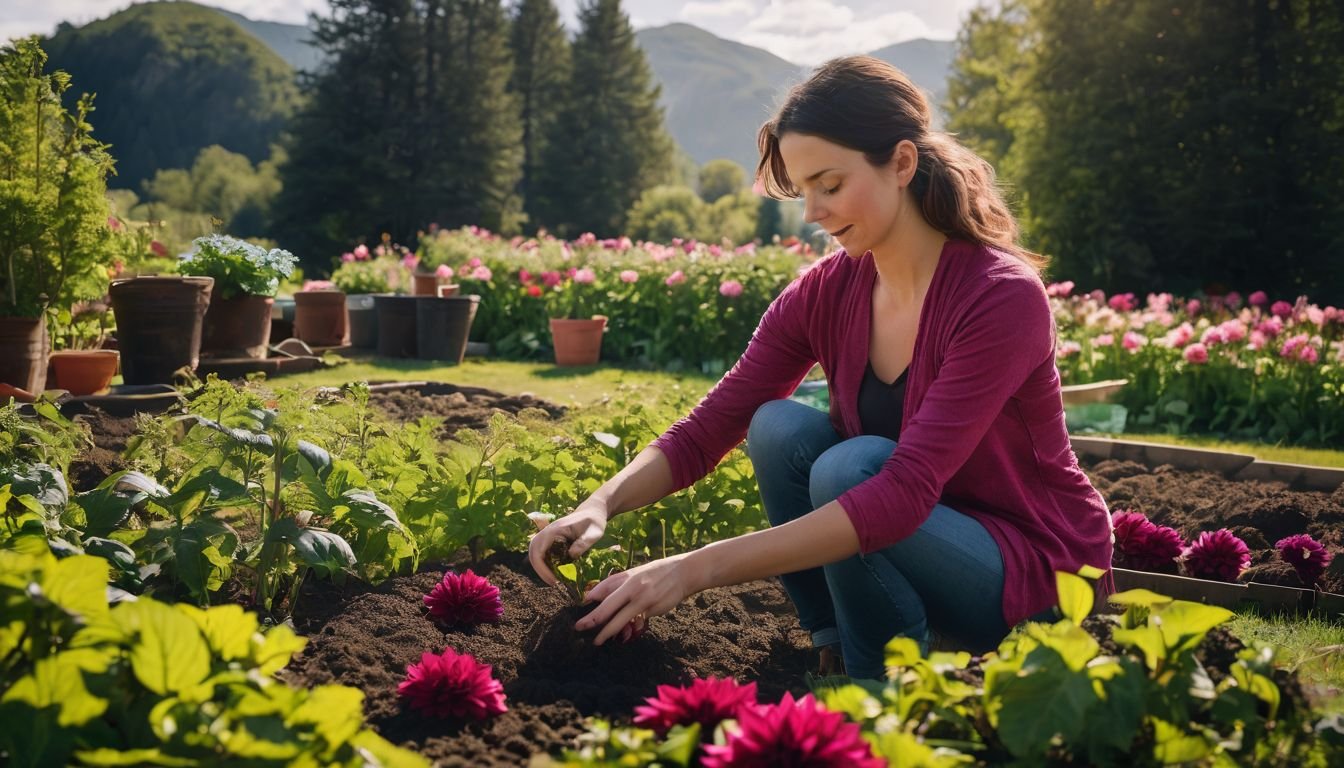 A person planting dahlia tubers in a vibrant garden.
