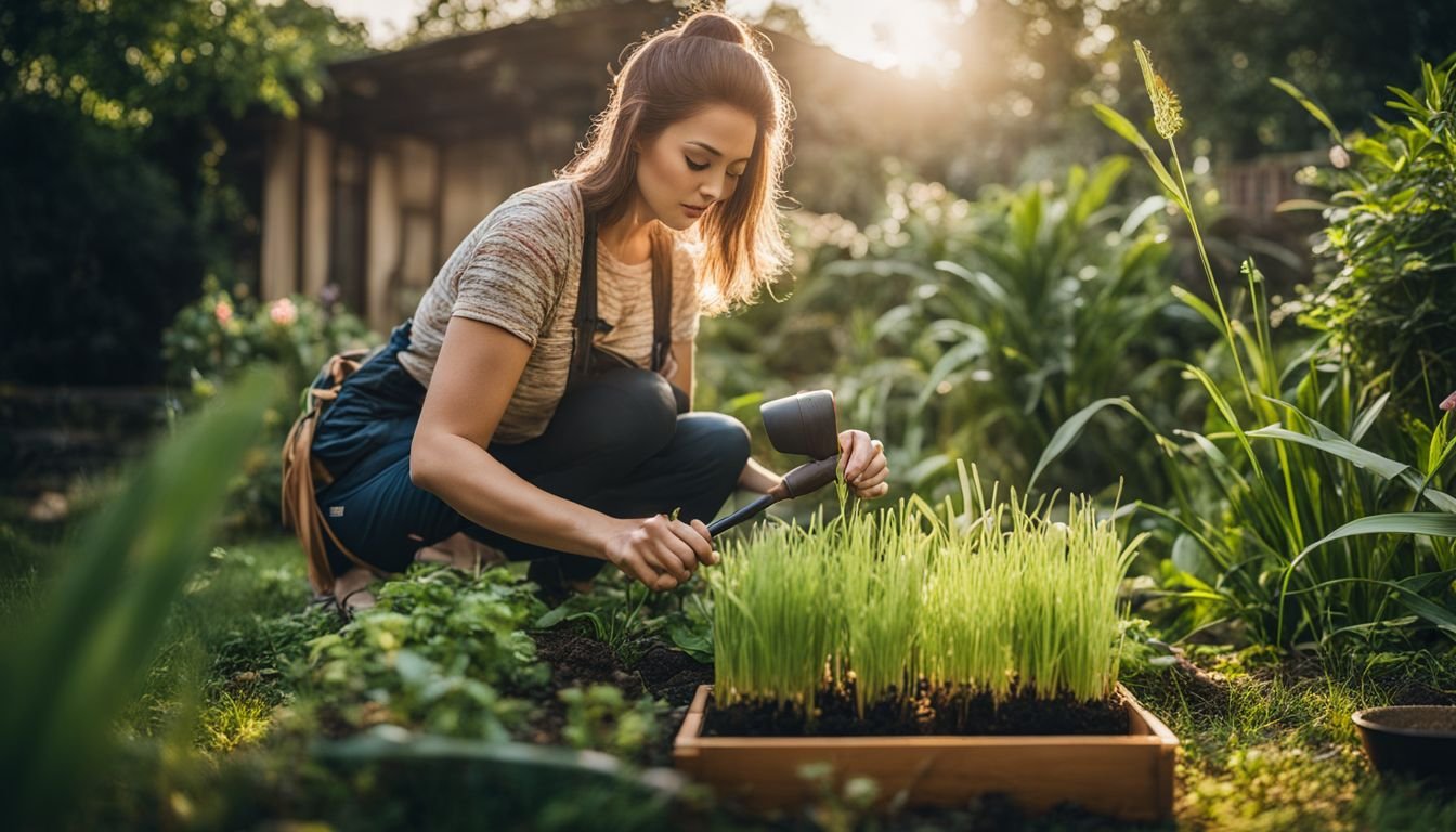 A person planting lemongrass in a garden with gardening tools.