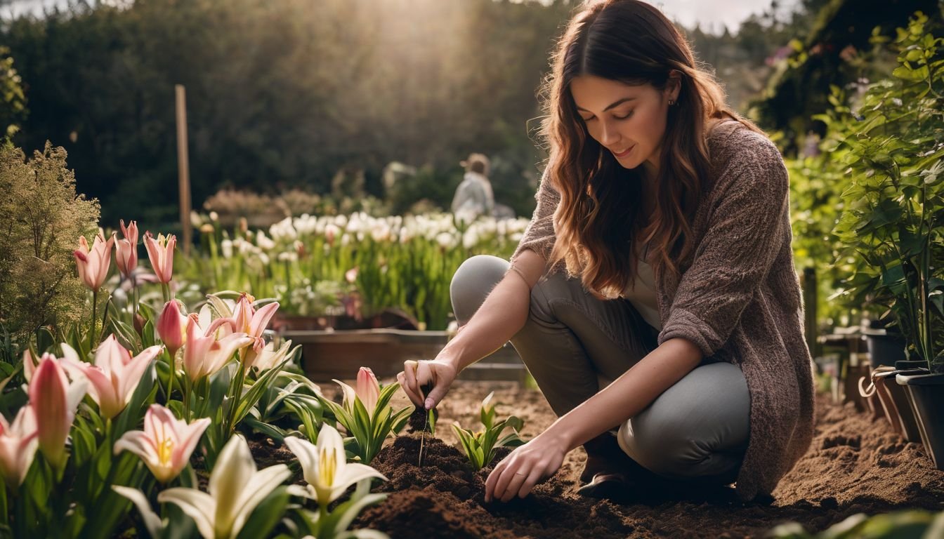 A person planting lily bulbs in a vibrant garden setting.