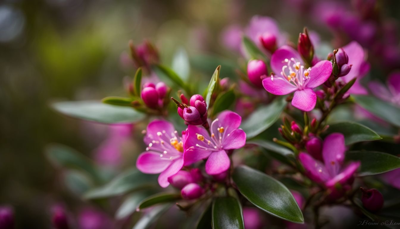[A flourishing Boronia plant in an Australian garden surrounded by native flora.]