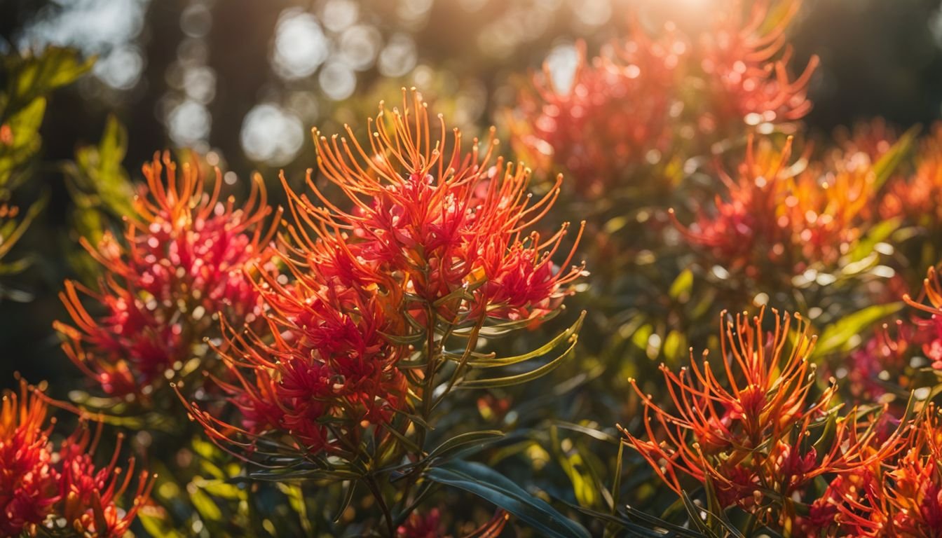 A vibrant Grevillea 'Honey Gem' in a sunlit garden in Australia.