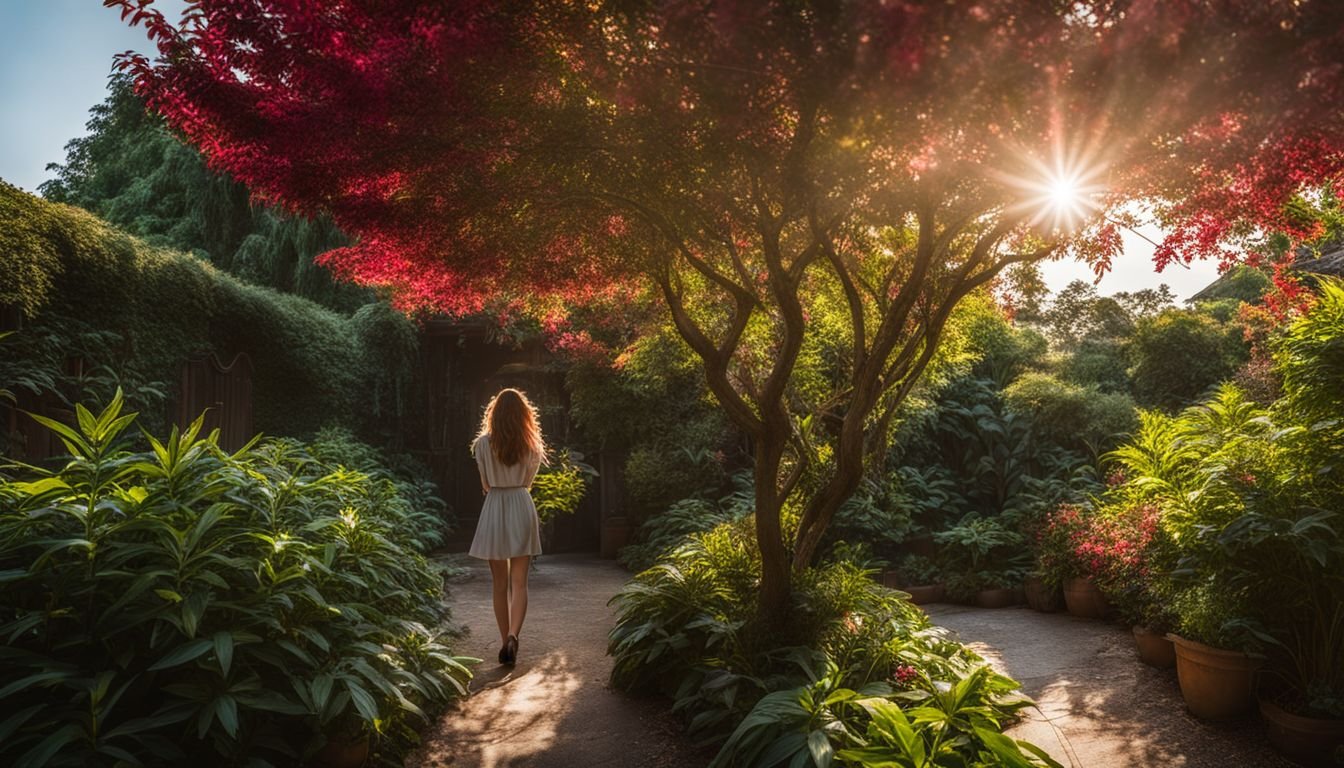 A vibrant garden scene with diverse people and beautiful plants.