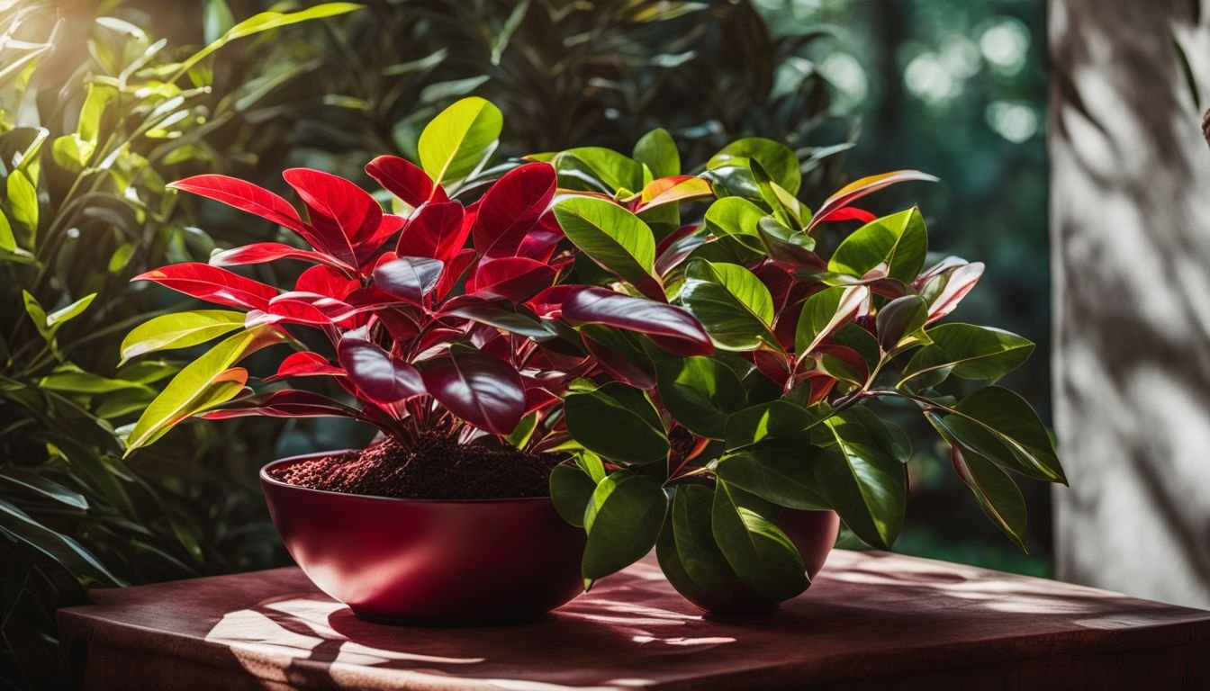 A vibrant Ruby Ficus plant surrounded by lush greenery in the morning sunlight.