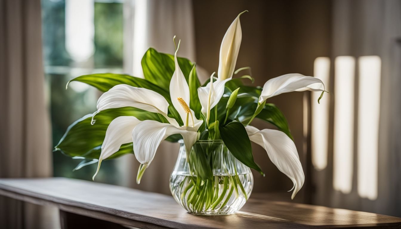 A close-up photo of Madonna Lily and Peace Lily in an indoor environment.