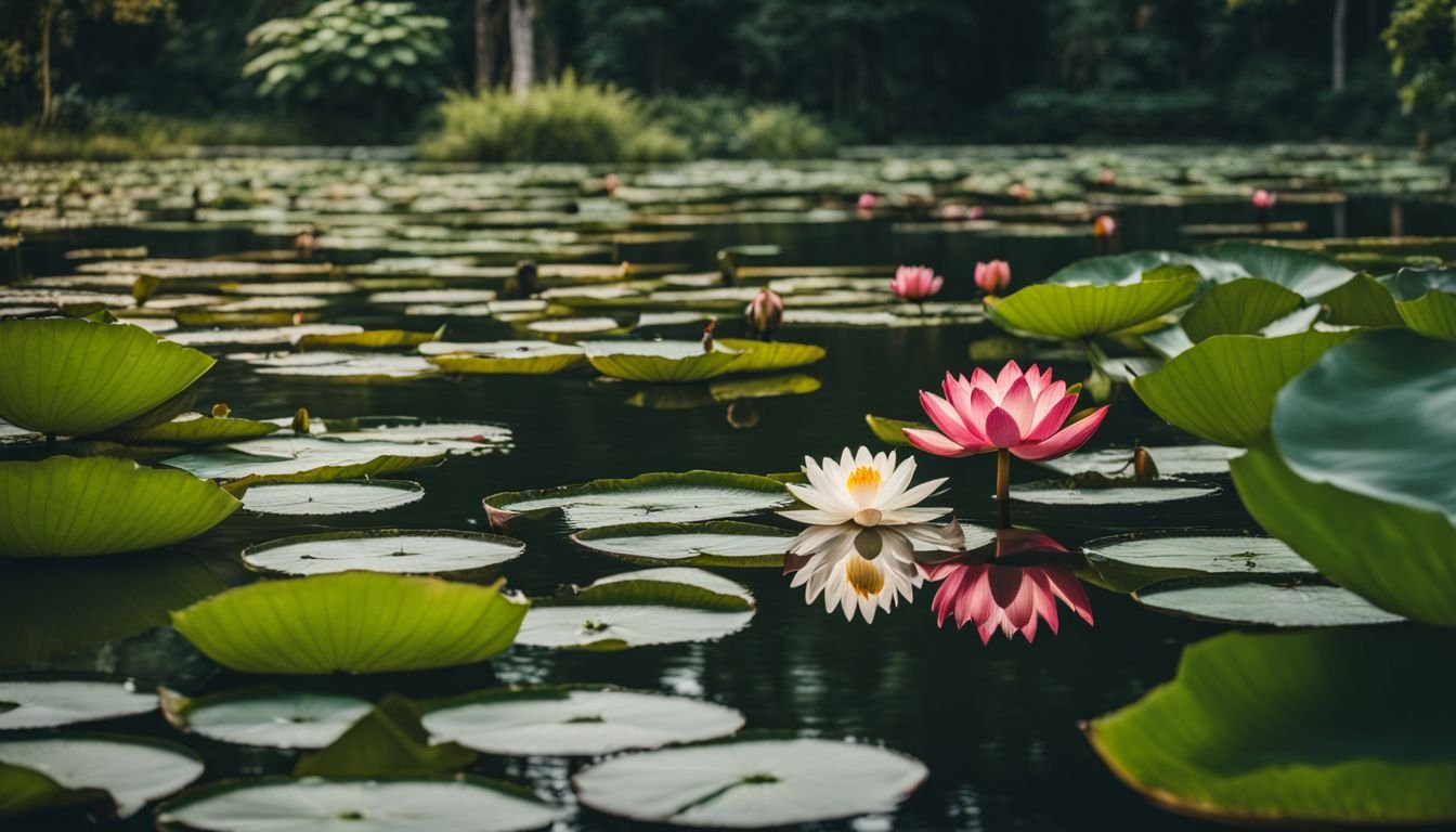 A tranquil pond surrounded by greenery with lotus flowers and water lilies.