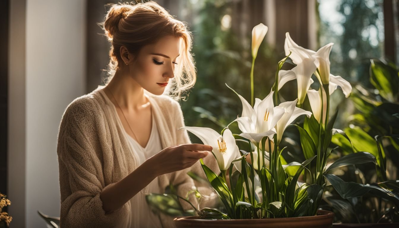 A woman admires a potted Madonna Lily in a vibrant garden.