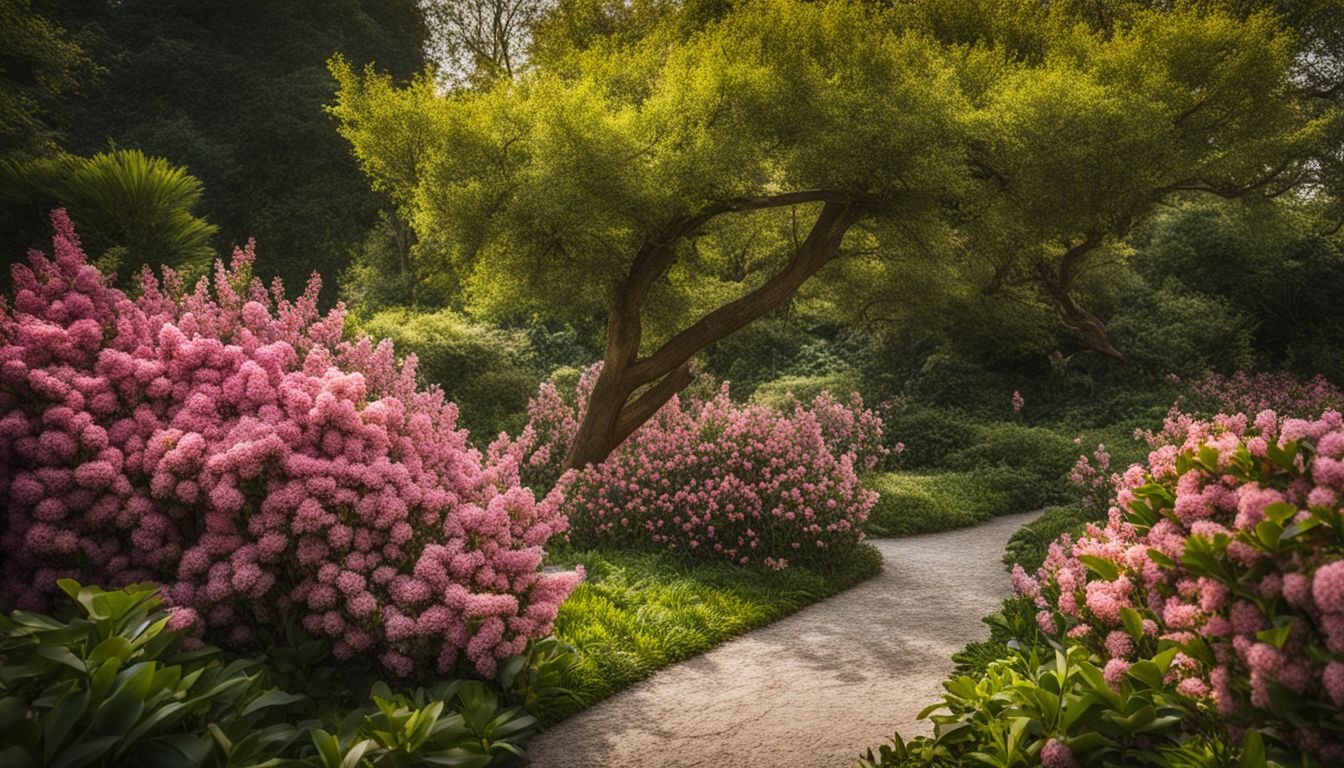 A vibrant garden with Indian Hawthorn in full bloom.