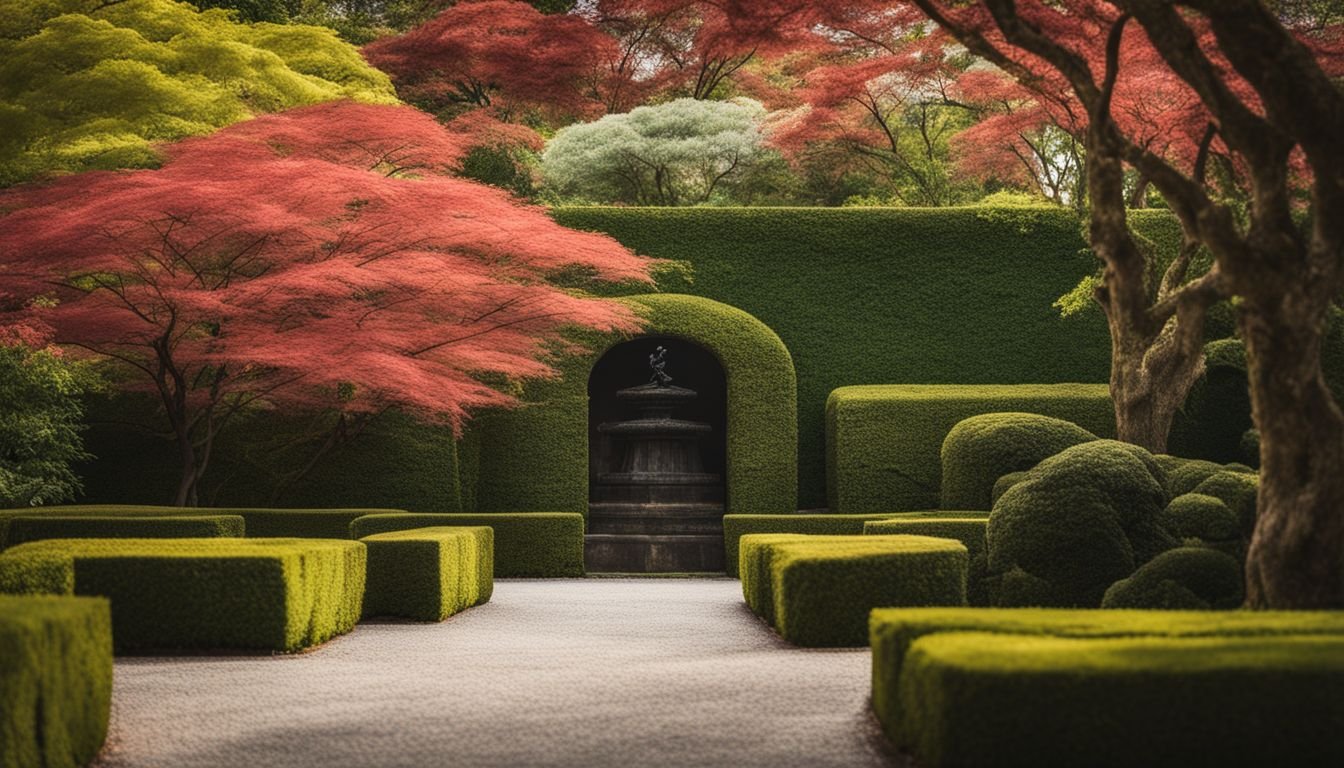 A formal hedge of Japanese Box in a stylish garden setting.