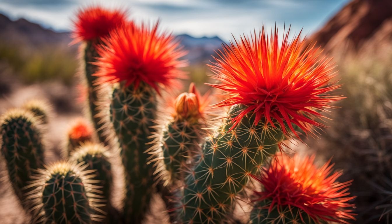 A close-up of the Golden Monkey Tail Cactus with vibrant salmon-red flowers in a desert landscape.