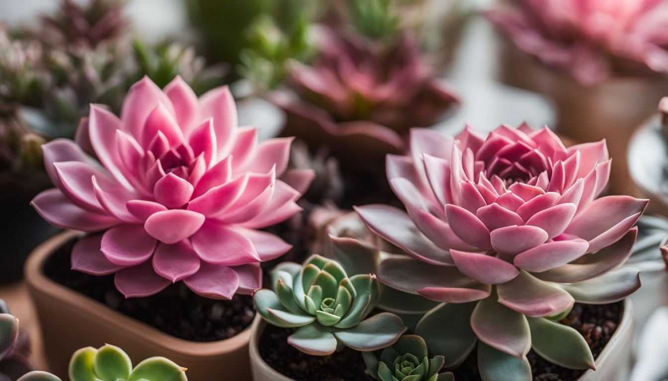 A photo of pink succulents in a variety of indoor settings.