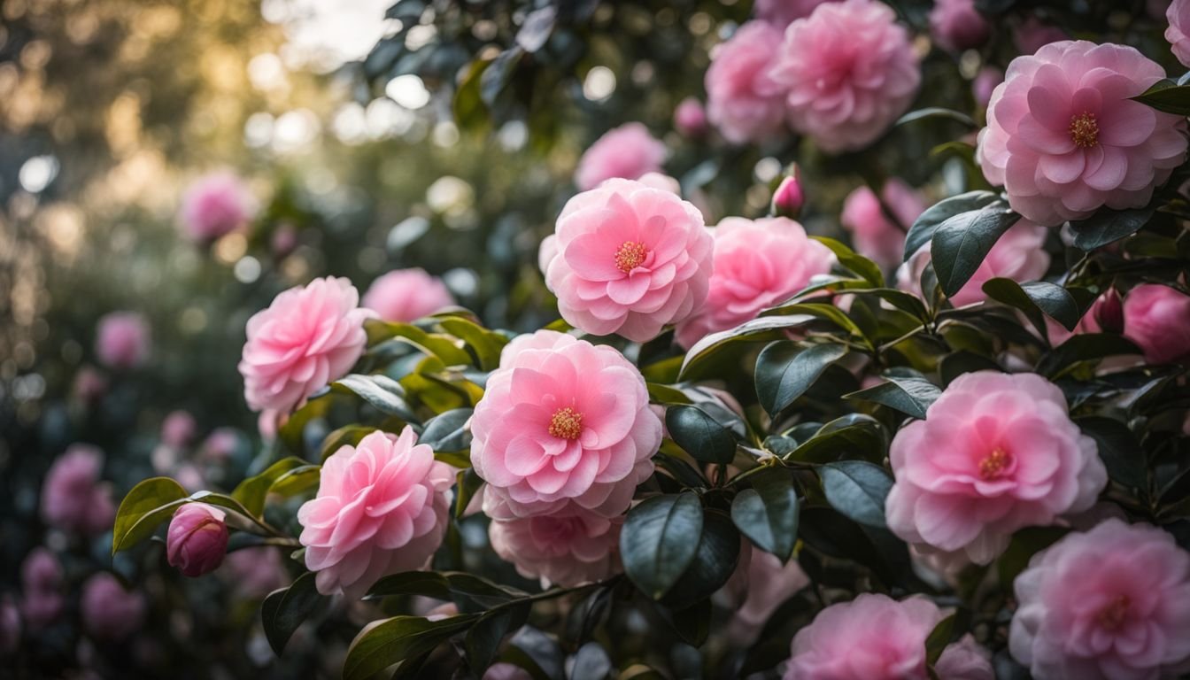 Soft pink Paradise Pearl Camellias blooming in a vibrant garden scene.